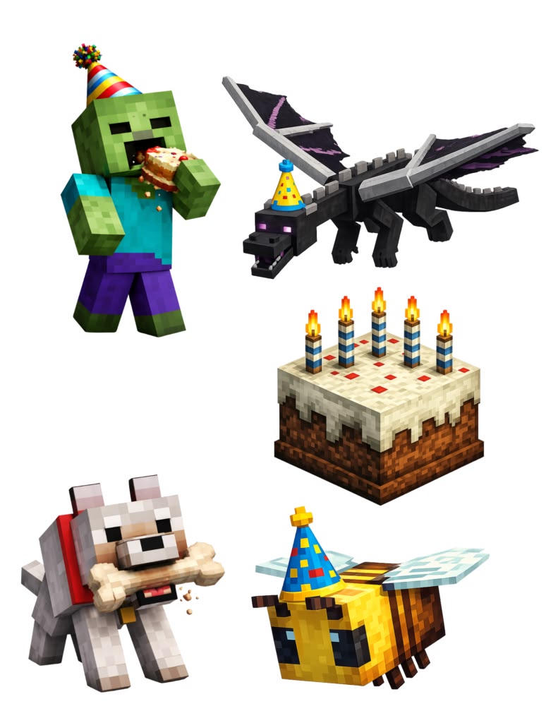 Blocky birthday characters and a birthday cake